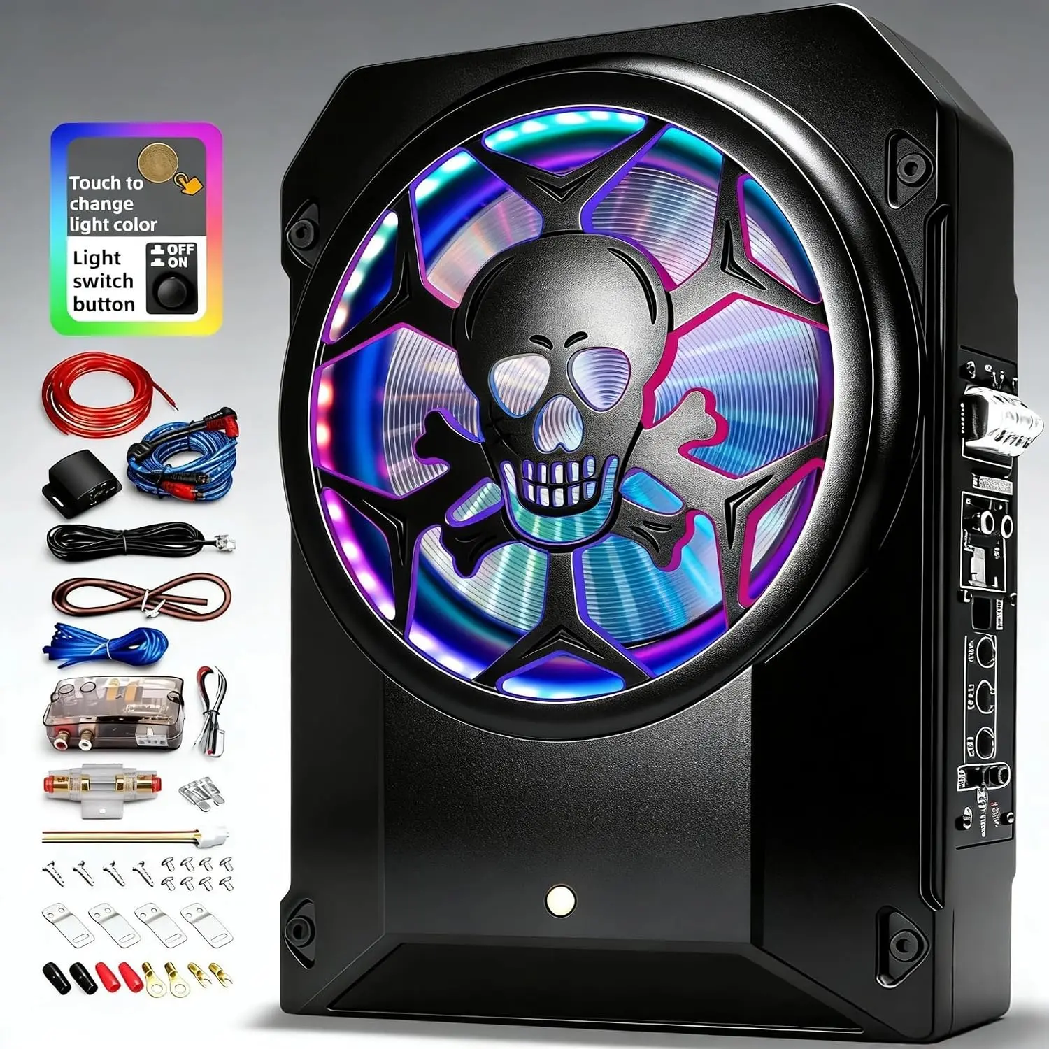 1600W Car Subwoofer, 10" Ultra-Thin Powered Under-Seat Sub with Built-in Amplifier, LPF/Gain/Bass Boost, Touch Control, Physical Switch Rhythm LED Ambient Light, Independent Bass Knob