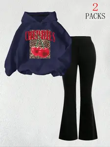 Women's Leopard Print Cherry Pattern Warm Sweatshirt + Slim Comfortable Flare Pants Set, Casual Fall Winter, 2 Piece Set