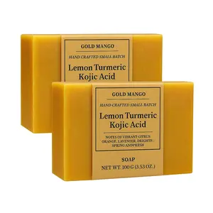 2-Bar Pack Lemon Turmeric Kojic Acid Soap – Gold Mango Turmeric Kojic Acid Soap Infused with Vitamin C, Collagen, Hyaluronic Acid, Shea Butter, Olive Oil & Vitamin E | Gentle Cleansing & Brightening Soap Bars