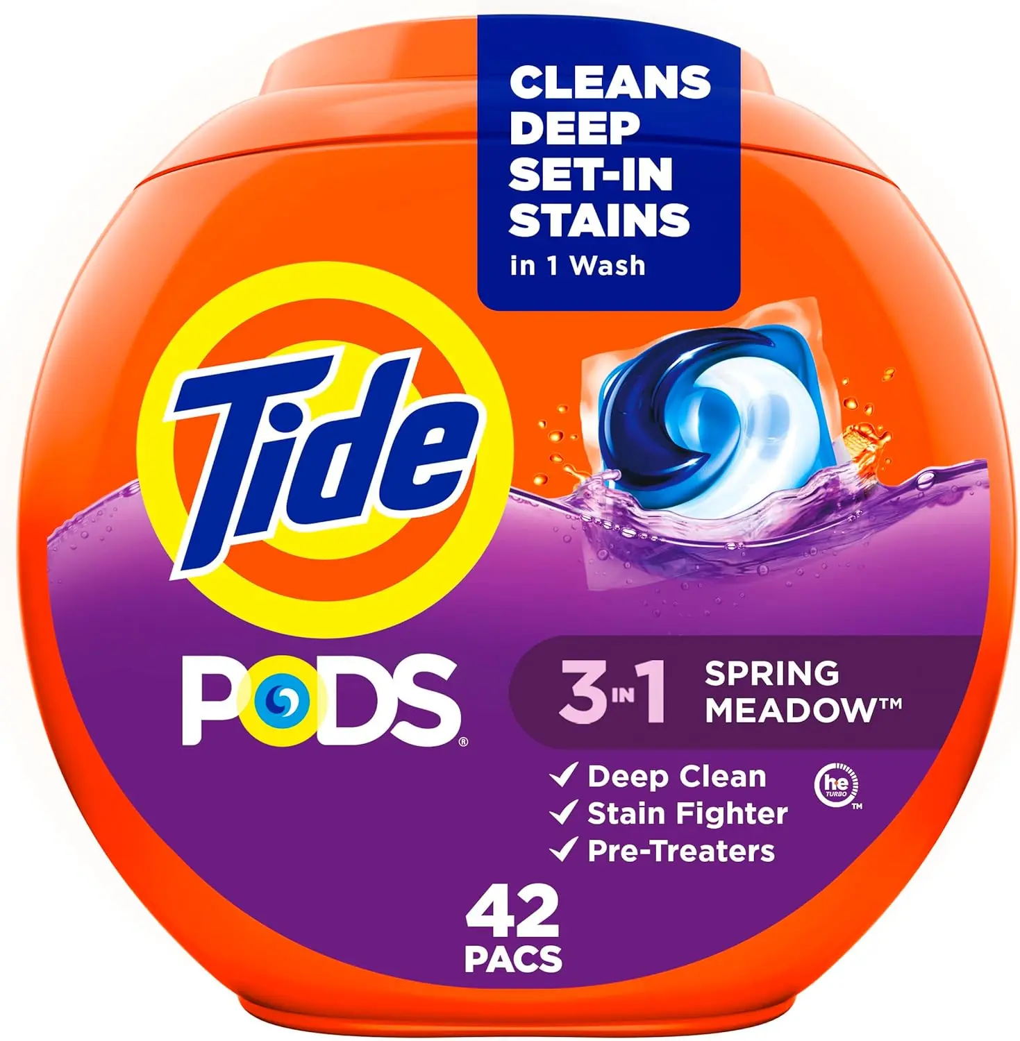 Tide Pods Concentrated 3-in-1 Laundry Detergent Pacs - Stain Removal, Odor Fighter, Color Protector, HE Compatible, Spring Meadow Scent, 42 Pcs for Households