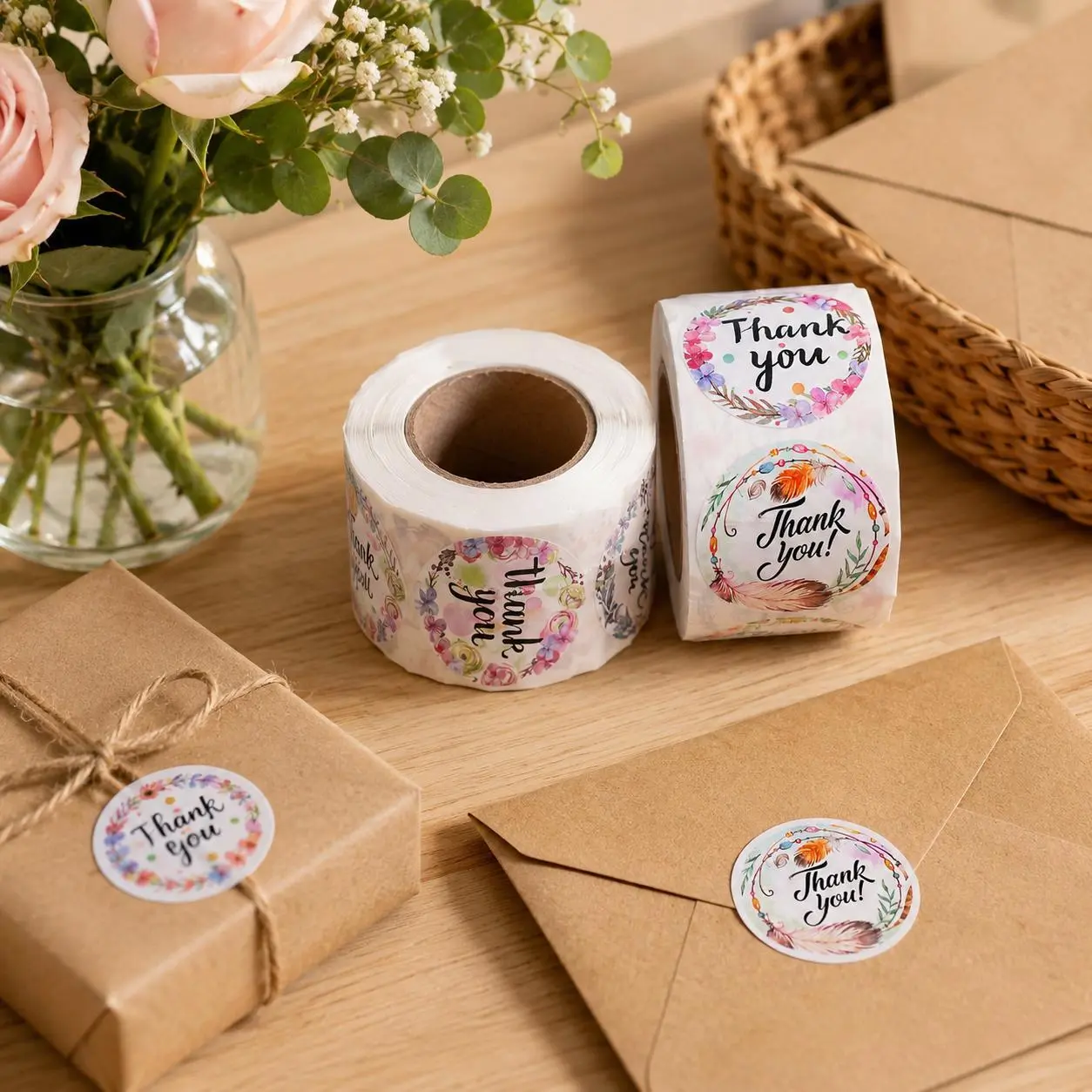 1000Pcs Paper Thank You Stickers Roll - 4 Designs per Roll, Floral Round Self-Adhesive Seal Labels for Business Packaging, Envelopes