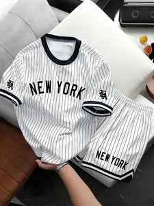 Men's "NEW YORK" Striped Baseball 2-Piece Set, Casual Streetwear Outfit