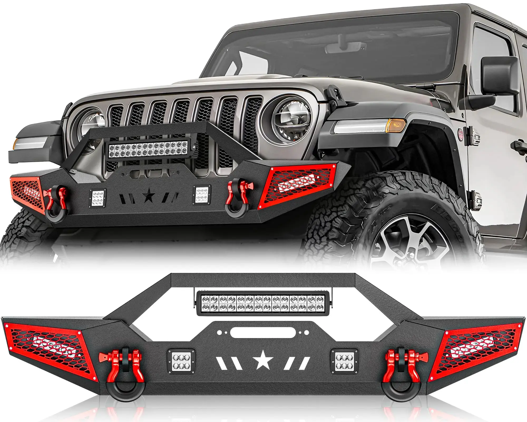 【YZONA】Front Bumper for 2007-2026 Jeep Wrangler JK JL JKU JLU Unlimited & Gladiator JT 2/4 Doors, with Winch Plate, 5 LED Lights, Paintable Armor, D-Rings, Car Accessories, Accessories for Car