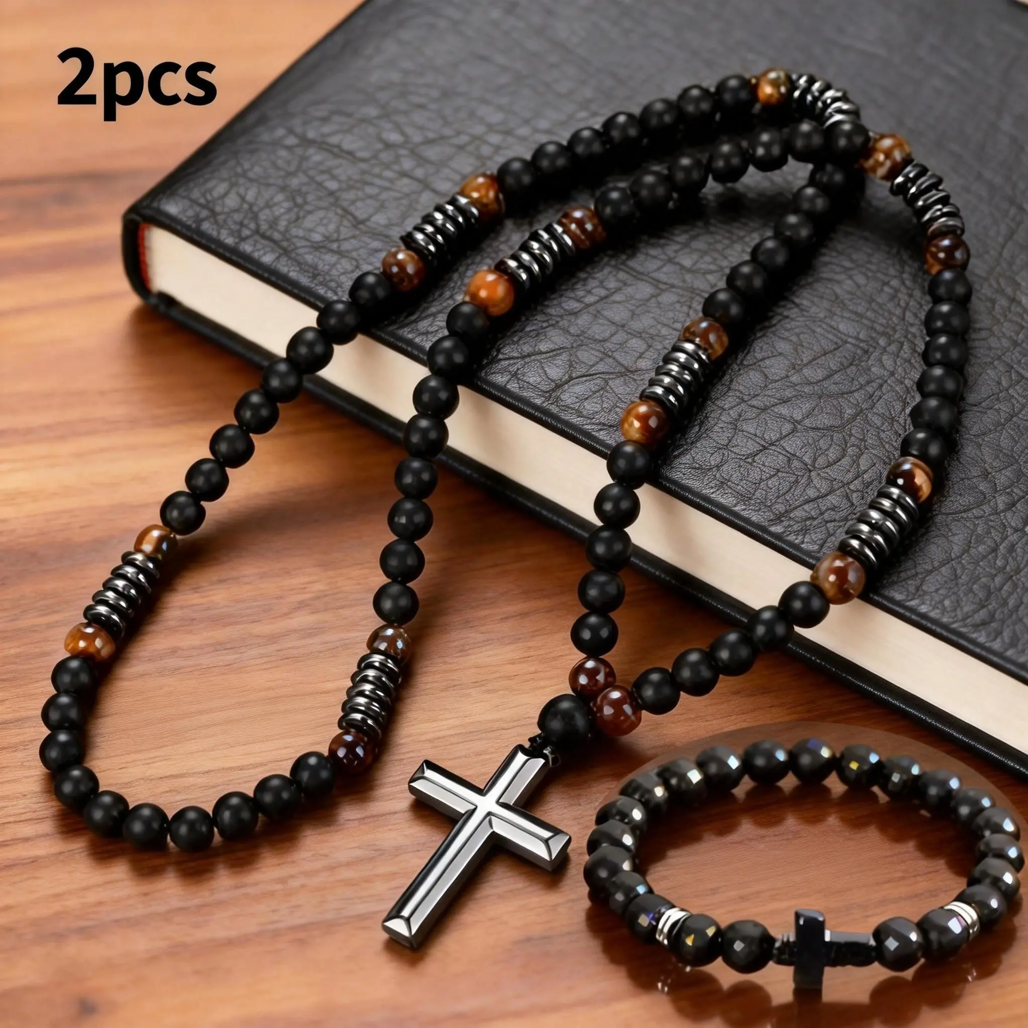 Faith-Based Crosses Set, 2-Pc Necklace & Bracelet with 8mm Beaded Black Onyx, Tiger Eye & Hematite, Anxiety Relief Aid, Special-Day Gift
