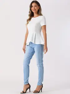 INSPIRE CHIC Elegant Peplum Top Short Sleeve Round Neck Casual Blouse Shirt