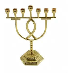 Hanukkah Menorah Candle Holder 7-Branch, Candle Stand Jerusalem Candlestick Centerpiece for Jewish Holiday Party Decor Golden, Home Decor Ornaments Table Centerpiece Display