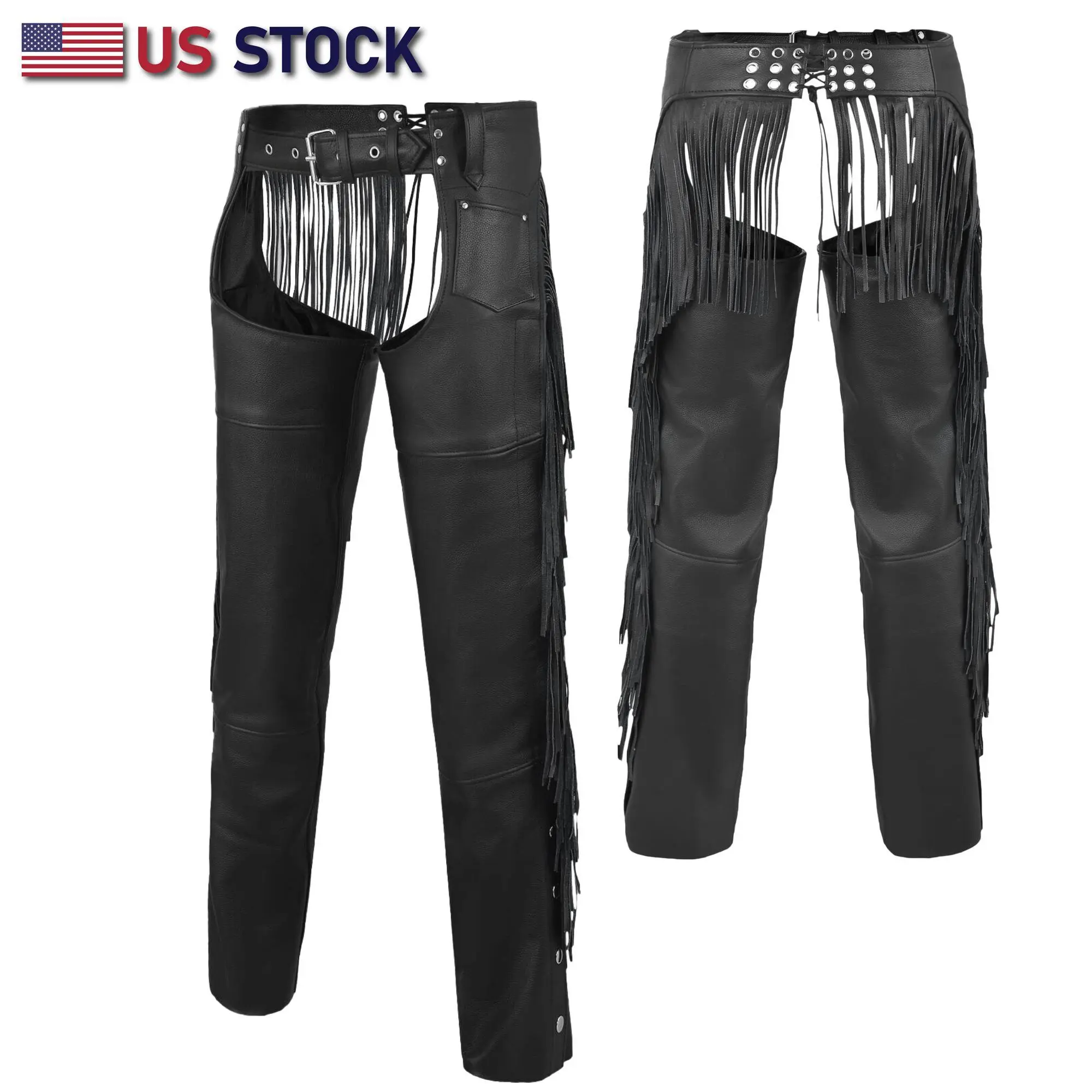 HIGHWAY LEATHER HL12800 Men's Slim-Fit Fringe Tassel Knee-Length Motorcycle Chaps, Classic Moto Look Riding Gear, Motorcycle Accessories for Bikers, Black
