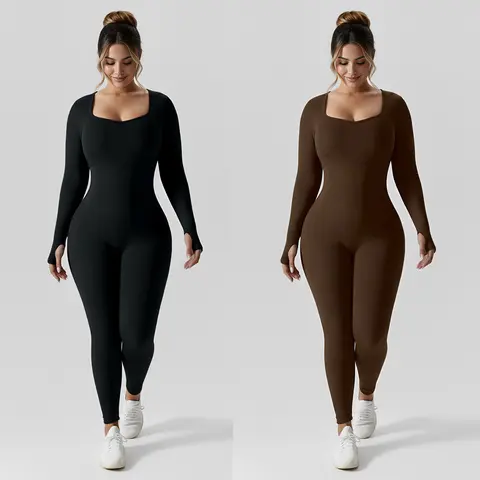 Women's High-Waisted Yoga Bodysuit Quick-Dry Long Sleeve Workout Top with Removable Pads High-Elasticity Slim Fit for Running Gym & Training Solid Black All-Season Fitness Apparel Tummy Control Jumpsuit Stylish Activewear