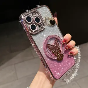 Rhinestone Decor Butterfly Design Phone Case with Bracelet, Anti-drop Cellphone Protective Case, Shockproof Mobile Phone Cover for iPhone, Casing, Decorative Smartphone Protector