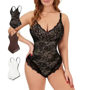Plus Size Women's Lace Sexy Lingerie Bodysuit Thighs Tummy Bust Butt Waist Lace Medium Stretch Breathable V Neck Strapless Shapewear Fabric Seamless Womenswear Adjustable Black Bottom Compression Evening Everyday Fit shapewear women fajas body shaper