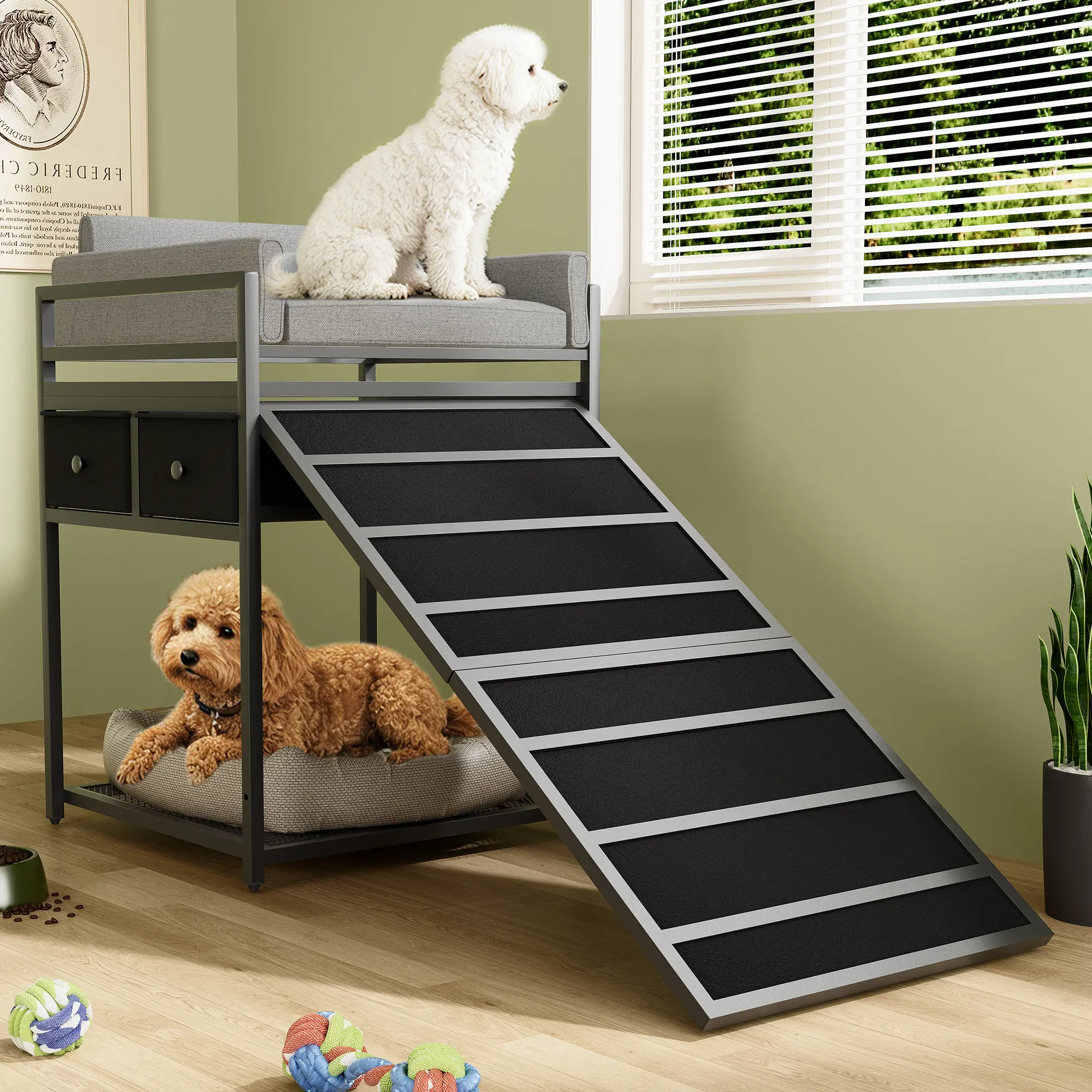 kepptory Dog Window Perch with Stairs and Storage, Bunk Dog Bed with Folding Pet Ramp for Dogs Cats, Pet Sofa Chair with Pet Stairs Ramp for Office