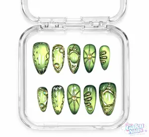 Gaku Nails NEON FOREST Handmade Press On Nails Multi-Pack, 10-Piece Medium Almond Set with Cat Eye, 3D Gem, Silver Accent, Builder Gel, Gold Charm, Heart Print for Valentine’s Day Romantic Look