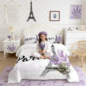 Eiffel Tower Comforter Set Purple Lavender Flowers Print Bedding Set,Romantic Paris City Floral Style Decor,Polyester Quilt Duvet for Dorm Bedroom