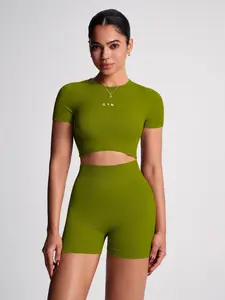 Women's High Elastic Sports Short Sleeve T-Shirt And Shorts Set, Sporty Casual Seamless Round Neck Knit, High Waist Abdomen Control Peach Hip, Skin-Friendly Fabric, Tight-Fitting Shaping, Casual Layering, Sports & Yoga Set Summer, Active Wear