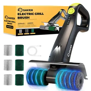 Saker Electric Grill Brush HK058-B — Bristle-Free with 450 RPM Motor & LED Lighting, 3 Interchangeable Heads, Cordless Rechargeable Design, 2500mAh Battery