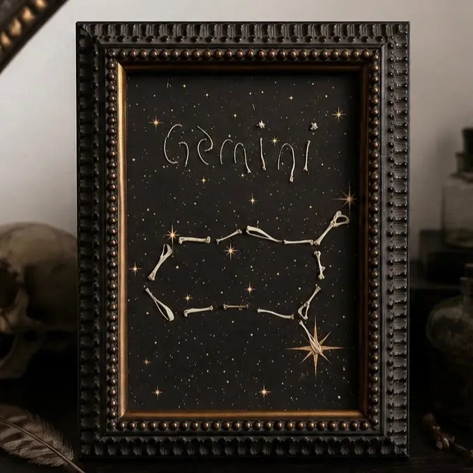 Handcrafted Gemini Zodiac Constellation Framed Wall Art Print - Artistic Cosmic Theme Zodiac Space Artwork, Antique Celestial Home Supplies Decor, Gift for Dark Academia Enthusiasts, Decoration