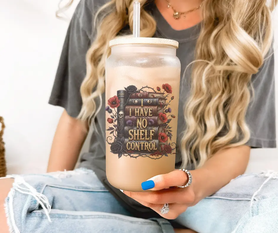 16 oz I Have No Shelf Control Book Lovers Glass Tumbler - Portable Reusable Washable Drinkware with Lid and Straw for Iced Coffee, Romantasy Stylish Tea Mug