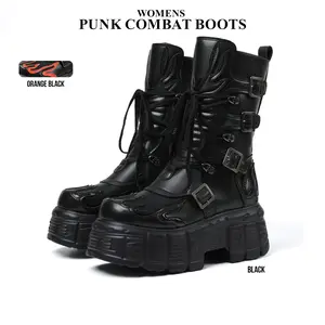 CYNLLIO Womens Punk Combat Boots Mid Calf Round Toe Platform Heels Thick Sole Metallic Buckle Lace Up Gothic Punk Style Side Zipper Design Comfy Outdoor Concert Street Riding Motorcycle Spring Boots Perona One Piece Boots