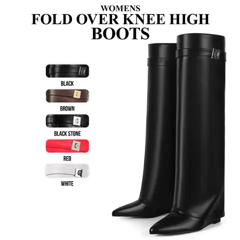 CYNLLIO Fold Over Knee High Boots for Women Wedge Heel Almond Toe Shark Boots Wide Calf Pull On Side Zipper Comfy Dating Outing Dress Summer Fall Fashion Boots