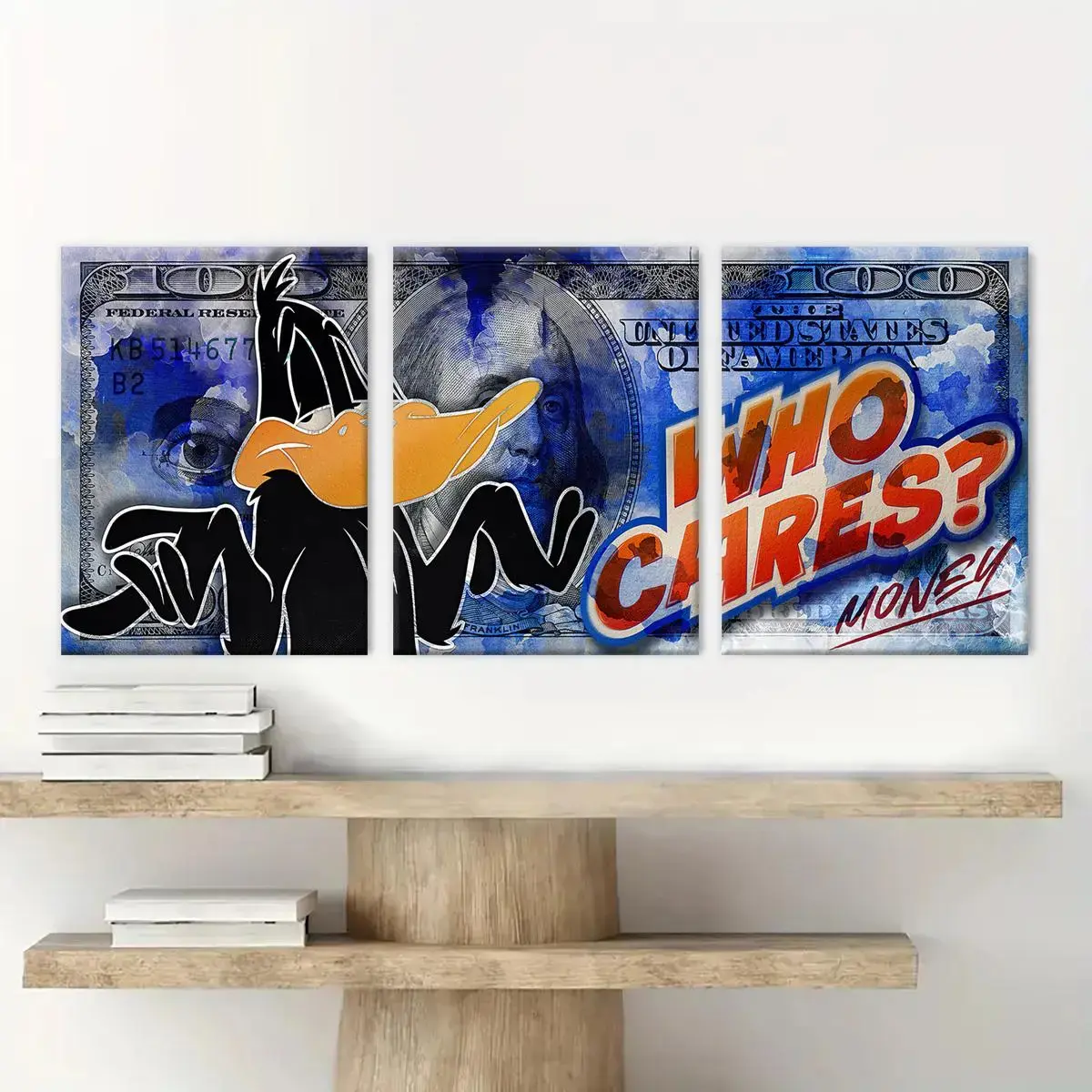 Wooden-Framed Daffy Duck Money-Themed Creative Animal Canvas Poster Set, Modern Home Decor Wall Art for Living Room, Bedroom