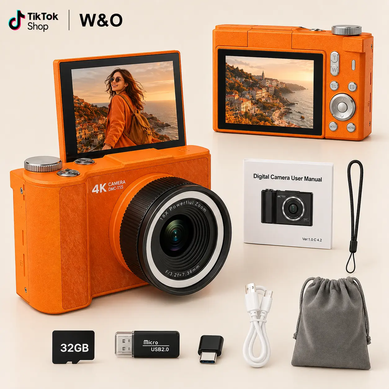 W&O Q5 Vlogging Camera for Beginners & Content Creators,  Autofocus Digital Camera, 180° Flip Screen, Ring Light, 16X Zoom, 32GB Card Included, First Camera Birthday Gift for Teens HD,back to school,back to school haul