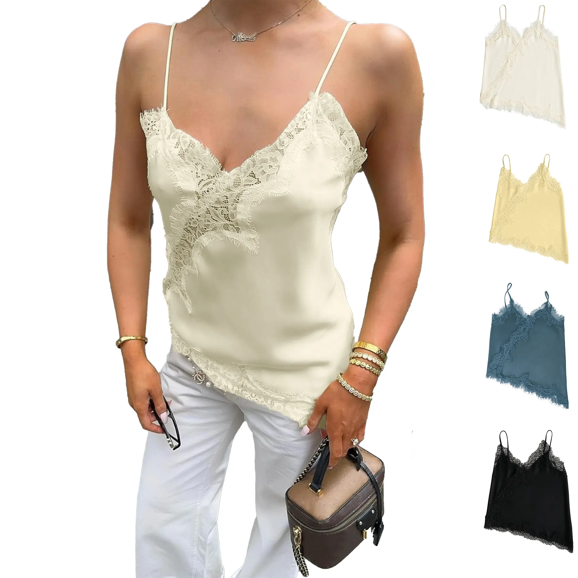 Women's Basic Minimalist Sleeveless Lace Trim V-Neck Satin Camisole with Adjustable Spaghetti Straps, Backless Loose Lace Tank Top for Party, Daily Wear, Adjustable Straps