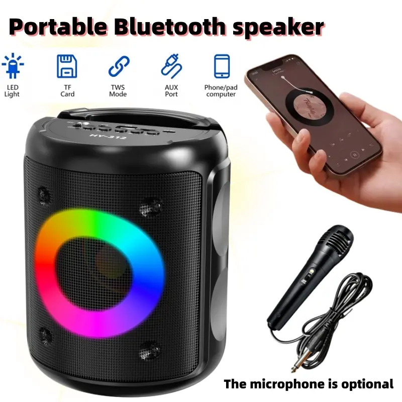 GDHENGYIN HY-312 Portable Bluetooth Speakers - 3-inch Single Speaker with Optional Microphone, Party Disco Lights, TWS, TF Card, AUX, USB, FM Radio, Multi-Device Compatibility