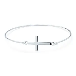 Delicate Simple Religious Sideways Cross Bangle Bracelet .925 Sterling Silver