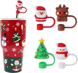 4 Pcs Christmas Straw Cover Cap for Stanley Cup, 10mm 0.4in Stanley Accessories Xmas Toppers Cap with 30&40 Oz Tumbler with Handle Dust-Proof Reusable Tips Lids for Christmas Gifts