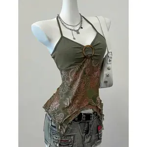 Summer  Country Concert Outfit   Retro Print Mesh Backless Halter Neck,See Through Top Fabric Sheer