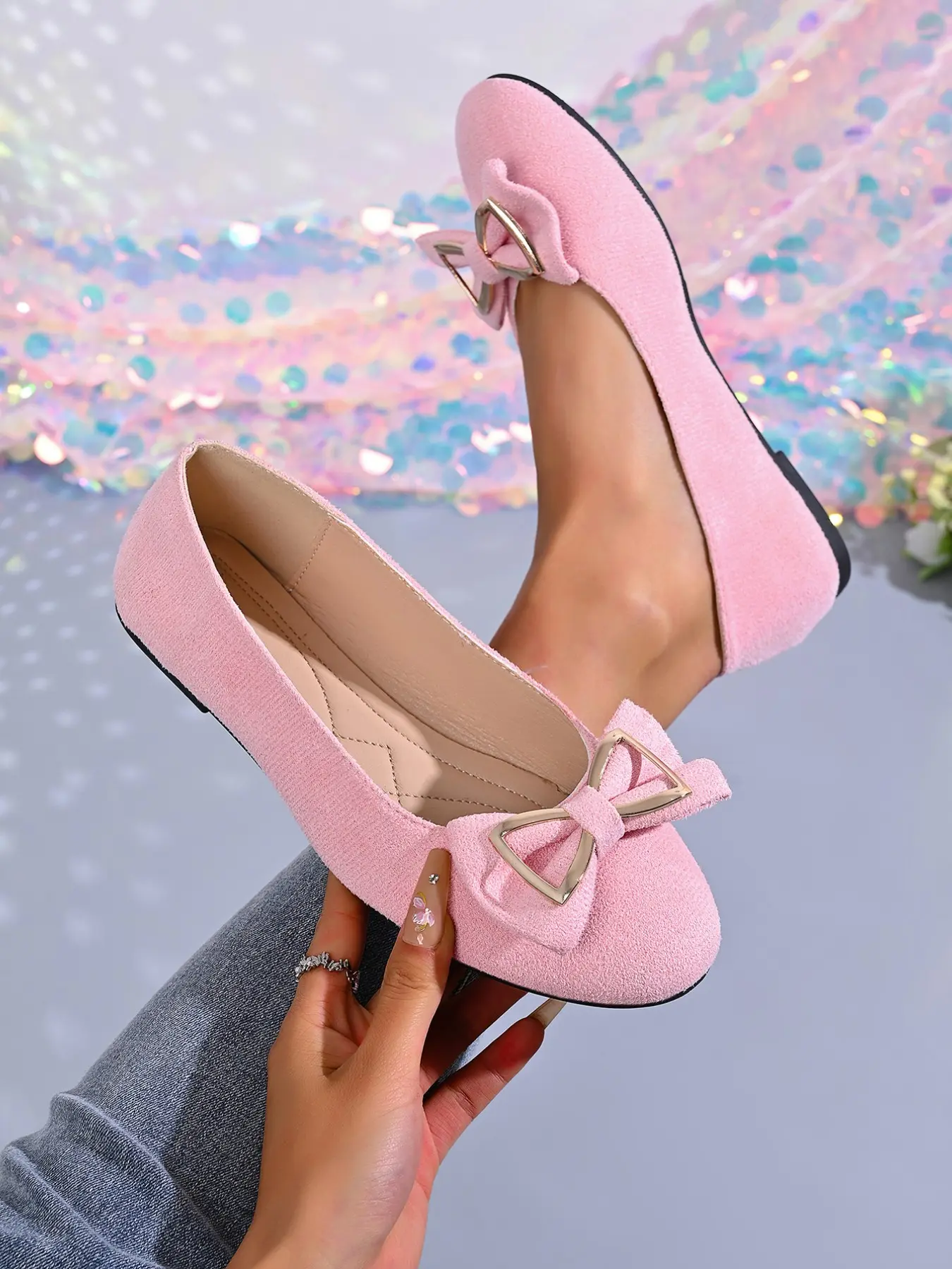 New Women's Round Toe Flat Shoes, Pure Color Design, Fashionable Simple Style, Elegant Bowknot Decoration, Slip-On Comfort, Rubber, Multiple Colors Available, Bowknot Design Flats, Perfect for daily casual wear and festive events.