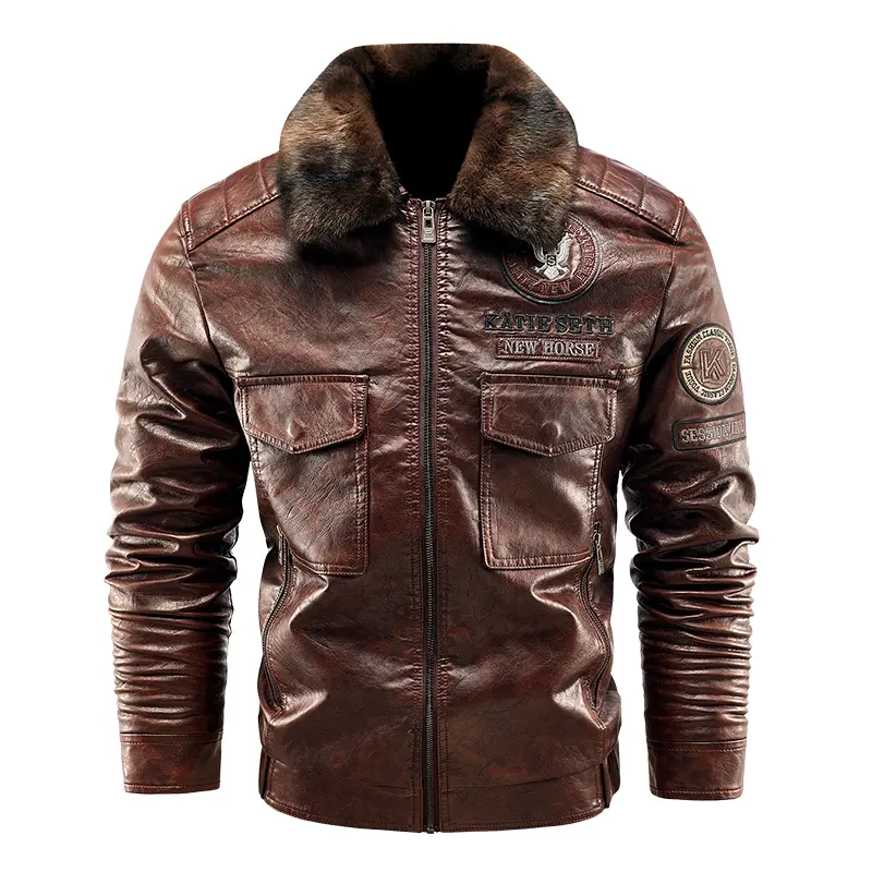 Men’s faux leather motorcycle jacket with plush collar and zipper, winter fleece-lined outerwear, men’s winter jacket windproof for outdoor use, vintage style, single piece