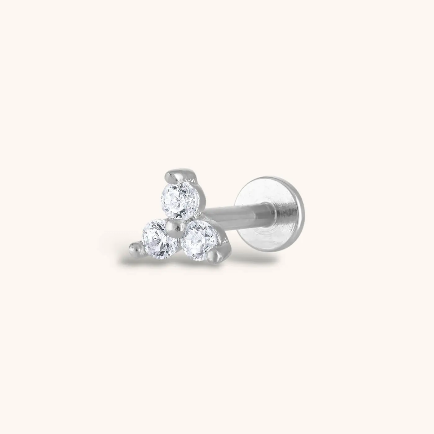 Crystal Trinity Threaded Flat Back Earrings Jewelry, Flat Pierced Earring, Hypoallergenic Tarnish Proof Helix Stud Piercing Jewelry
