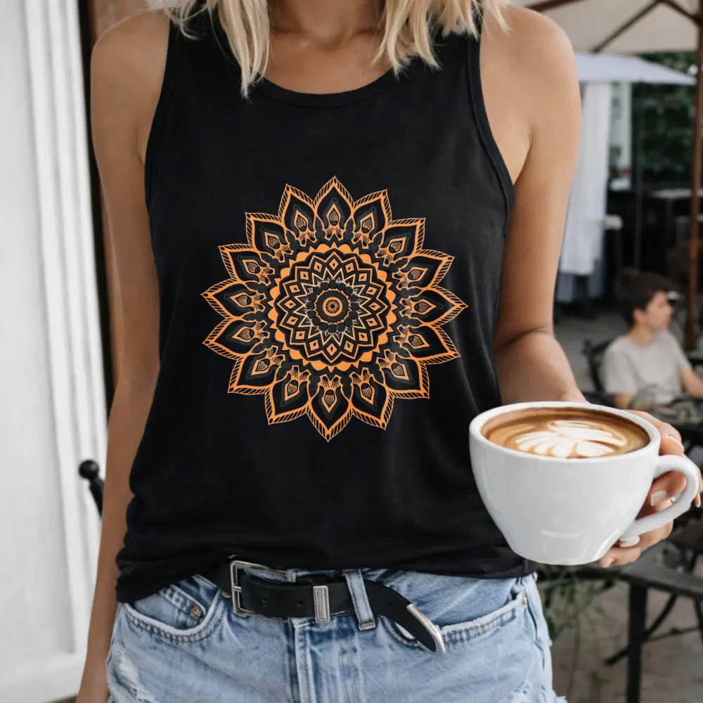Women's Cotton Pullover Vest - Orange Black Mandala Design, Crew-Neck, Short-Sleeve, Streetwear Fashion, Outdoor Casual, Matching-Friendly Top, Fit