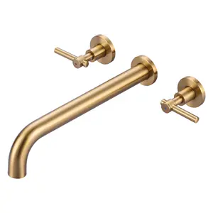 Wall Mount Tub Filler Brushed Gold, Wall Mounted Faucet Made of Solid Brass, High Flow Wall Mount Bathroom Faucet with 12-in Long Spout Reach