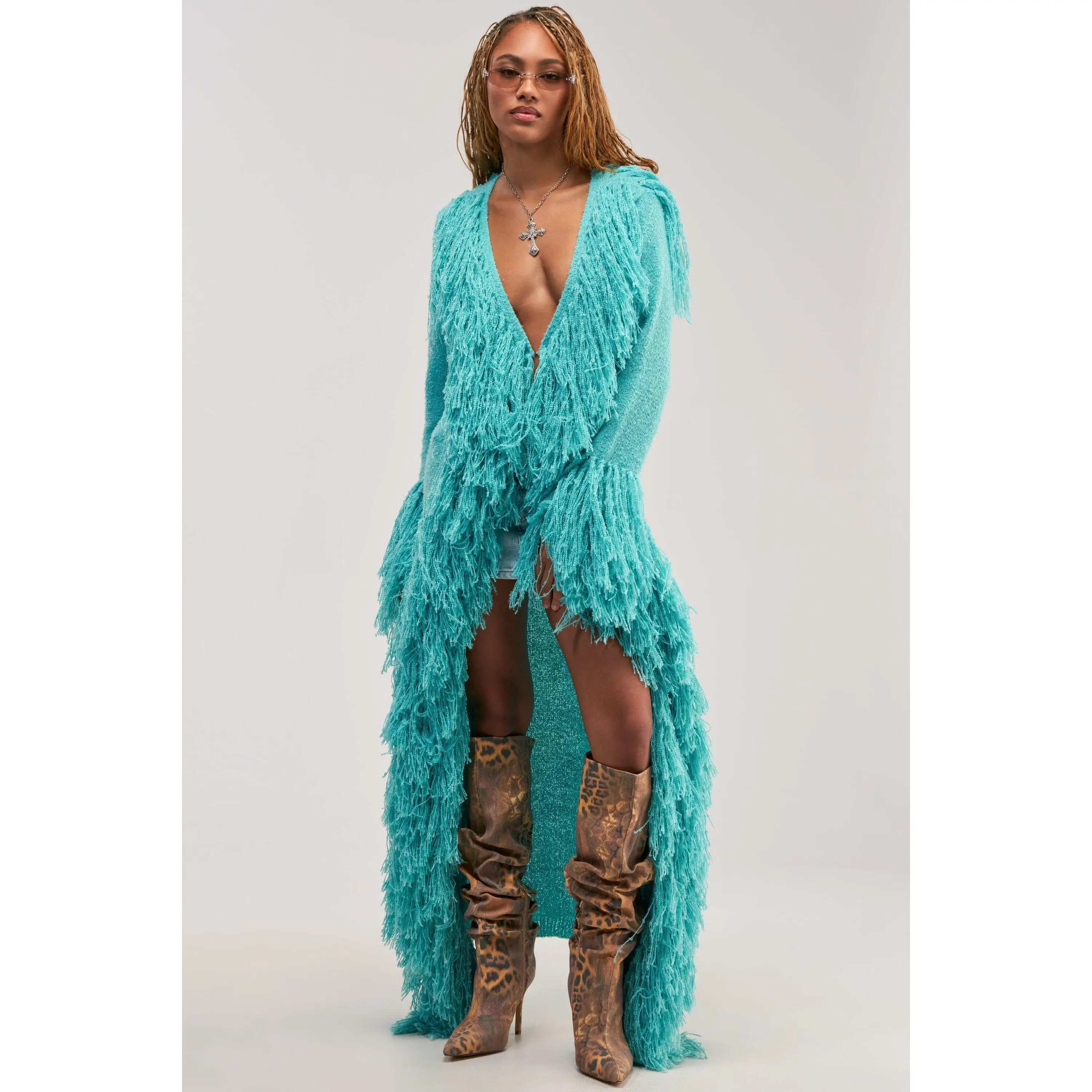 BURRR IT'S COLD OUTSIDE FRINGE OVERSIZED SWEATER IN TURQUOISE