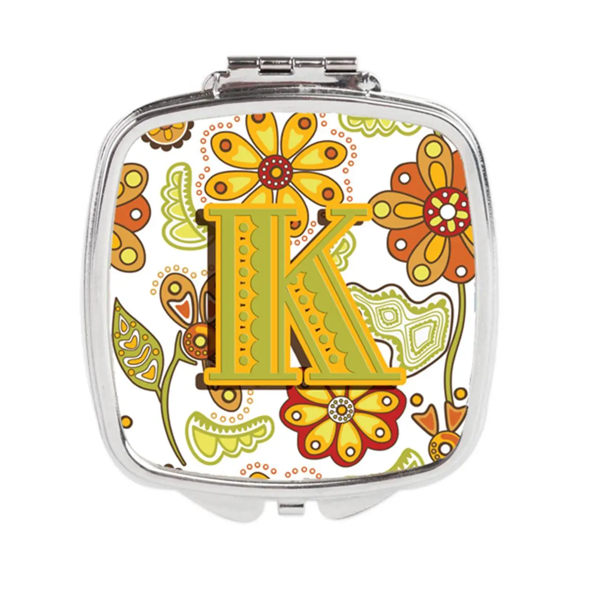 Letter K Floral Mustard & Green Compact Mirror