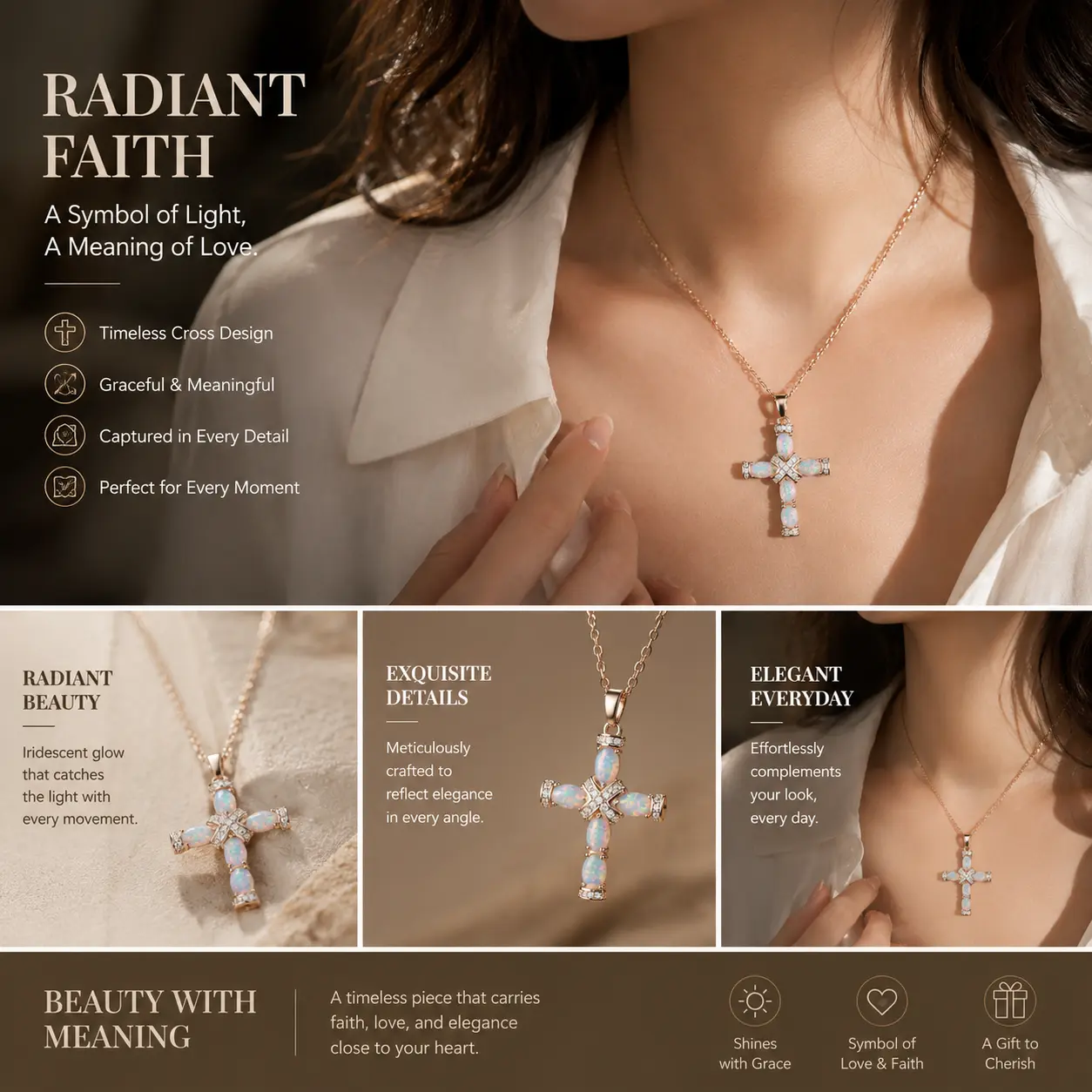Rose Gold Cross Pendant Necklace for Women, inlaid shimmering simulated opal and sparkling crystal. Classic religious cross design, elegant and eye-catching. Matches daily outfits, church activities and special occasions. Exquisite faith jewelry, ideal bi