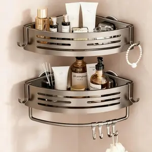 2Pcs Corner Shower Shelf Suction Cup, No Hole with Bar and Hook, Gray Rack, Zero Shelves, Store Toiletries and Bath for RV
