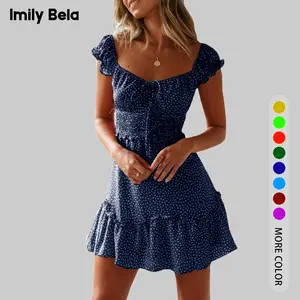 Imily Bela Essentials Womens Boho Dress Floral A-Line Ruffle Sleeve Sweetheart Neckline Printing Dress Summer Mini Dresses