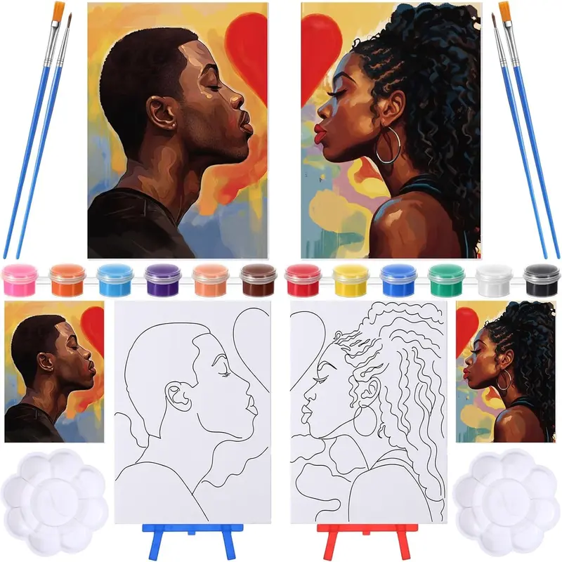 Valentines Day Couple Pre Drawn Kit Gift Couple Painting Kit Pre Drawn Canvas Sip and Paint Kit Gift for Anniversary, Painting Party, Art Practice, Valentines Day Gift, Man and Women Couple Everyday Dating Supplies