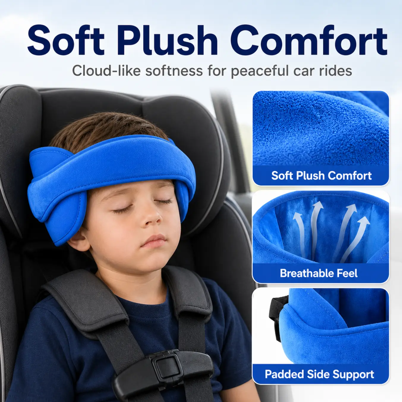 Kids Car Seat Head Support Strap, Soft Plush Adjustable Nap Support Band with Padded Side Cushions, Portable Travel Headrest Accessory for Toddlers and Children, Blue Pink Gray