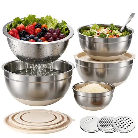 8-Piece Mixing Bowl Set Stainless Steel NON-SLIP Base Multifunction with 3 Grater Attachments & Airtight Lids, 4.5qt (over 2,000+ ml) Capacities, Food Grade Kitchenware, Nesting Tableware for Waste Reduction