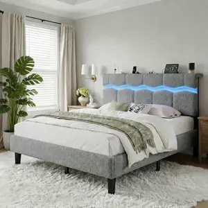 Raybee Upholstered LED Bed Frame with Power Outlet, Modern Luxury Teddy Fleece Platform Bed for Full/Queen/King Size with Storage Headboard & 7.9" Underbed Space, Wood Slat & Metal Frame, 880LBS Capacity, No Noise, No Box Spring Needed, Beige, Gray
