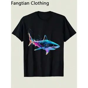 Boys' Neon Shark Print T-Shirt - a Reactive Short-Sleeve Round-Neck Casual Top with a Neon Glow Effect, Suitable for Children Aged 3-13, Perfect for All Seasons, Summer And Casual Wear, Themed Parties, And Shark Enthusiasts (3-13Y)