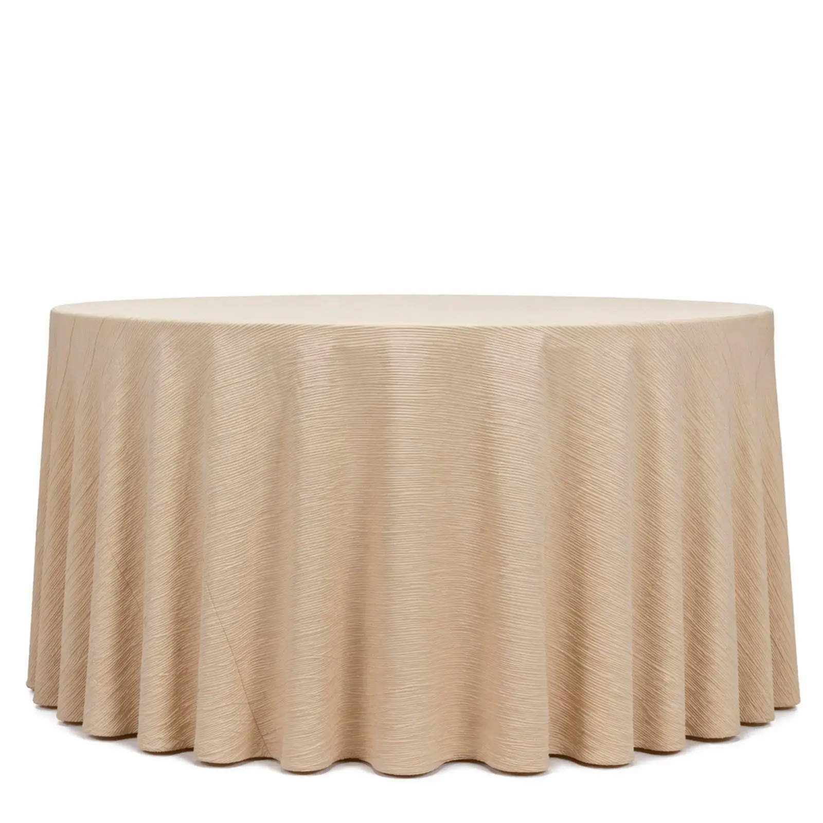 120" Round Solid Beige Accordion Pleated Scuba Fabric Tablecloth - Wrinkle Resistant, Stain Resistant, Restaurant Hospitality Table Linen, Machine Washable for Banquet Events, Pleated Texture