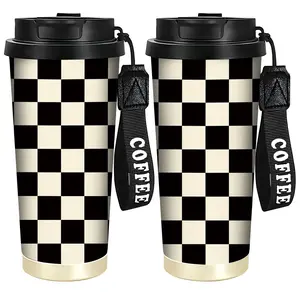 1pc 18oz Retro Black and White Checkered Pattern, Stainless Steel Coffee Cup, Vacuum Insulated Cup, Insulated Travel Mug Tumbler for Hot and Cold Beverages, Ideal for Car & Outdoor Use, For Valentine's Day & Birthday Gifts, Reusable, portable and durable