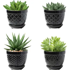 Succulent Pots, 3.5 Inch Flower Pots for Indoor , Small  Pots with Saucer  Drainage, Decorative Ceramic Planters for Succulent, Cactus, Set of 4, Black