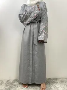 Women's Floral Embroidery Belted Abaya, Modest Long Sleeve Open Front Outerwear for Daily Wear, Women's Islamic Muslim Clothing for Spring & Fall
