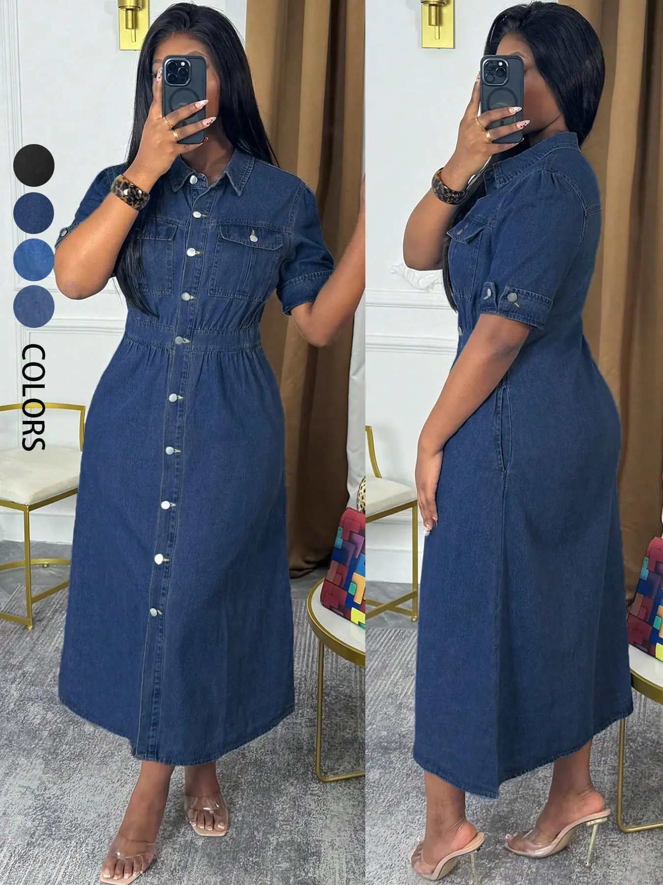 Chic Denim Shirt Dress - Button Down Midi with Chest Pockets & Short Cuffed  Sleeves | Effortless Casual Jean Dress - TikTok Shop